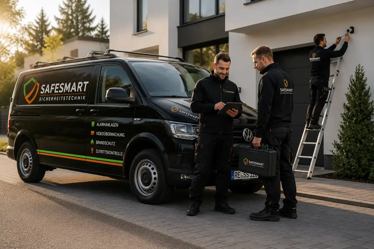 Safesmart Sicherheitstechniker mit Einsatzfahrzeug bei der Vorbereitung einer fachgerechten Montage in Datteln