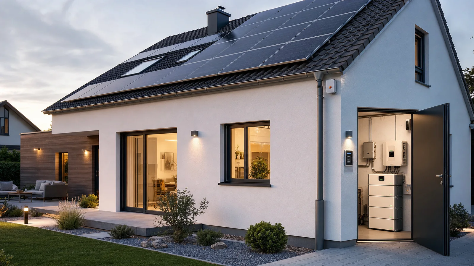 Alarmanlage mit Solar und Notstromversorgung planen Wohnhaus mit Photovoltaik Alarmanlage und geplanter Notstromversorgung