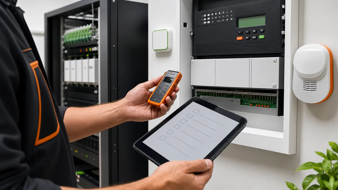 Safesmart-Techniker dokumentiert die Prüfung einer Alarmanlagen-Zentrale mit Tablet