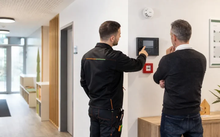 Fachberatung zur Brandwarnanlage in einem gewerblichen Flur mit Bedieneinheit