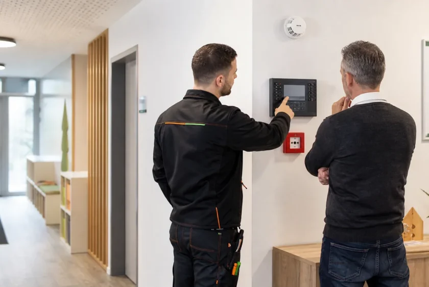 Fachberatung zur Brandwarnanlage in einem gewerblichen Flur mit Bedieneinheit