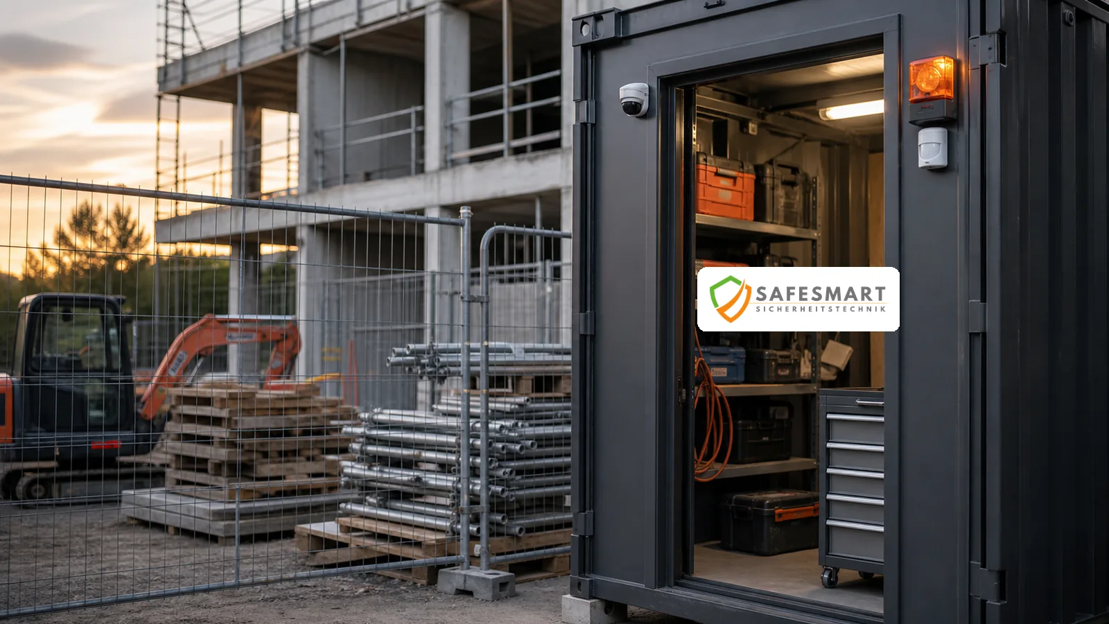 Safesmart gebrandete Alarmtechnik am Baucontainer einer Baustelle
