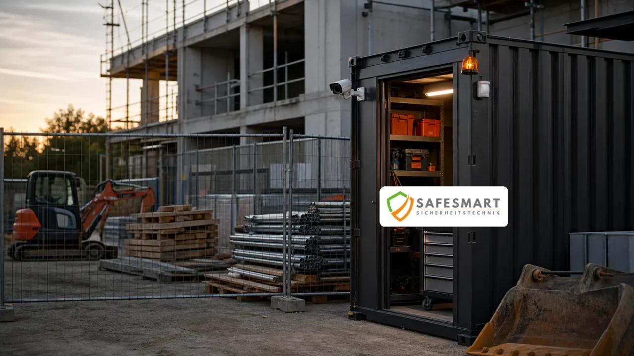 Safesmart Sicherheitstechnik an einem Baucontainer mit Material und Maschinen