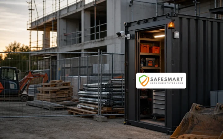 Safesmart Sicherheitstechnik an einem Baucontainer mit Material und Maschinen