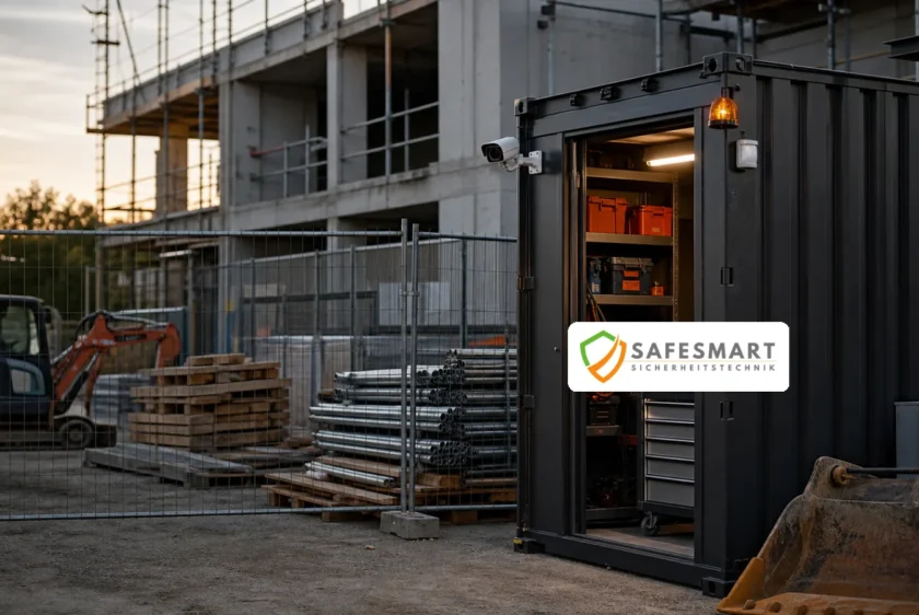 Safesmart Sicherheitstechnik an einem Baucontainer mit Material und Maschinen