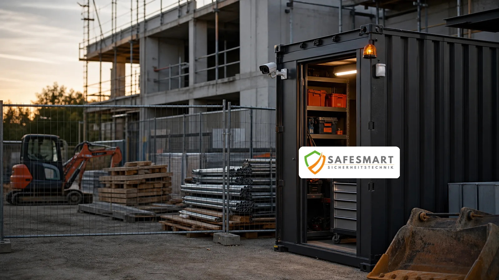 Safesmart Sicherheitstechnik an einem Baucontainer mit Material und Maschinen