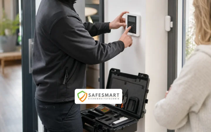 Safesmart Techniker prüft eine Funkalarmanlage in einem Wohnhaus