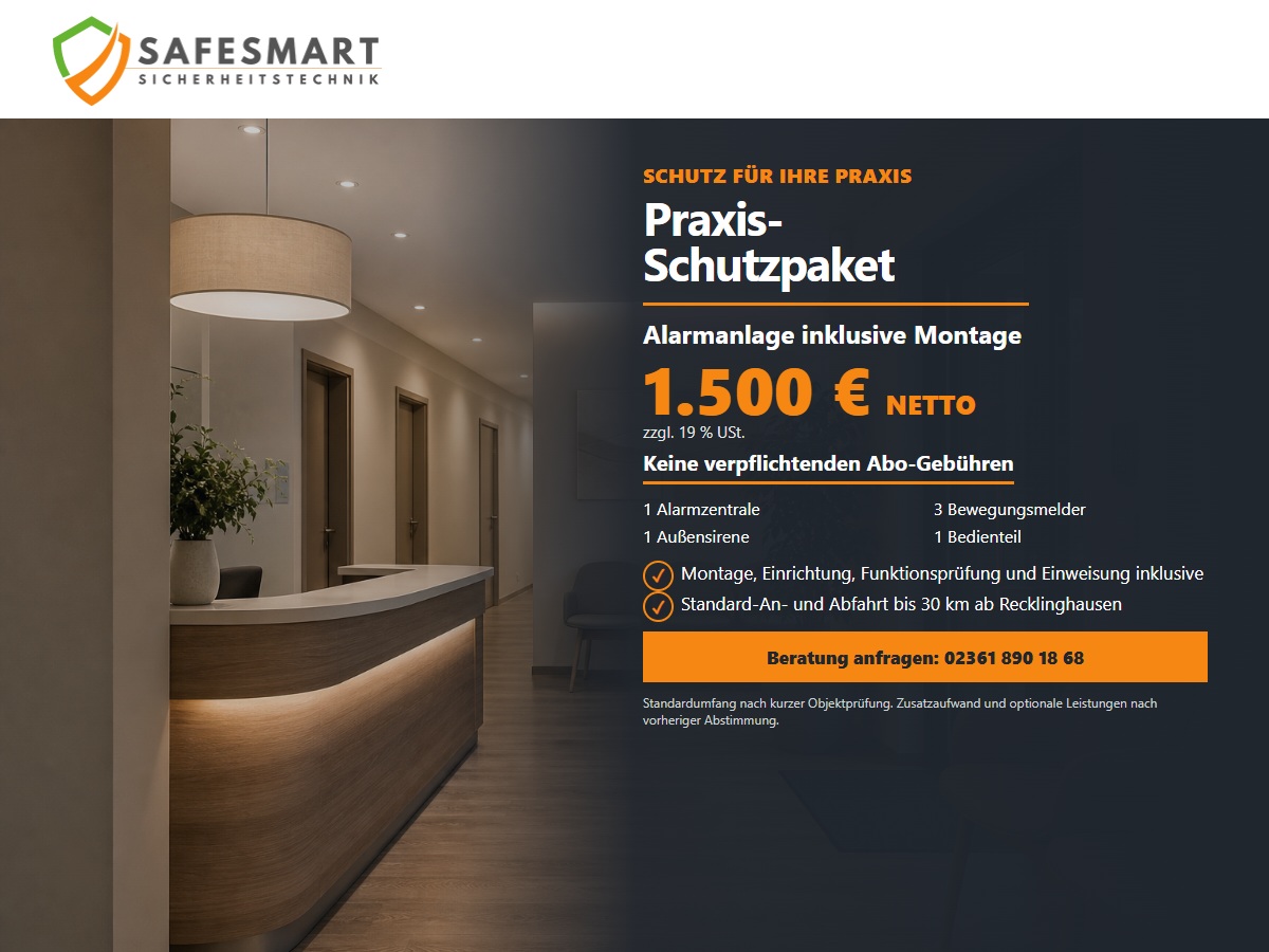 Safesmart Praxis-Schutzpaket mit Alarmanlage und Standardmontage für 1.500 Euro netto
