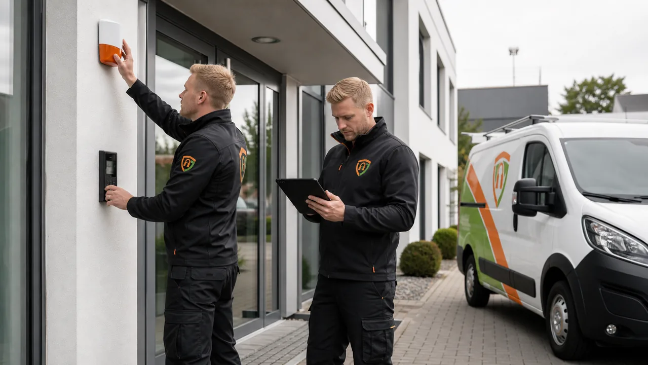 Safesmart-Techniker prüfen Sicherheitstechnik an einem Gewerbeobjekt