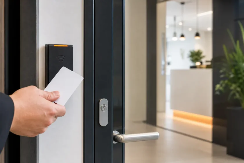 Elektronische Zutrittskontrolle mit RFID-Karte an einer Gewerbetür