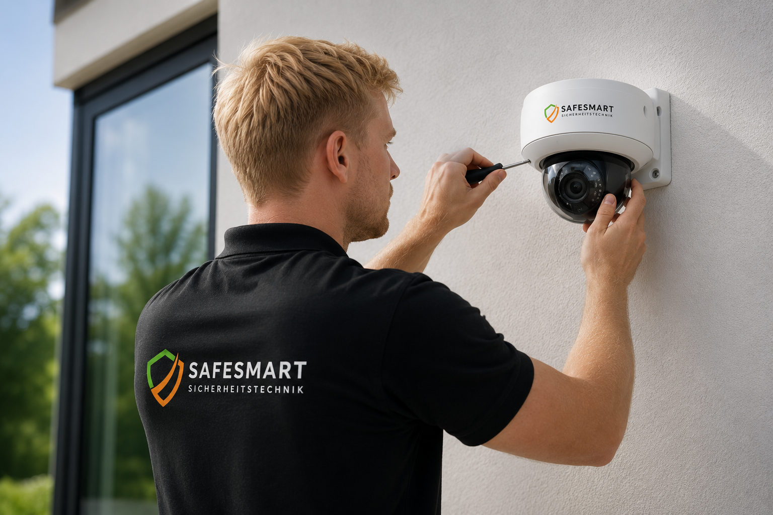 Safesmart Techniker montiert eine Dome-Kamera an einem privaten Wohnhaus
