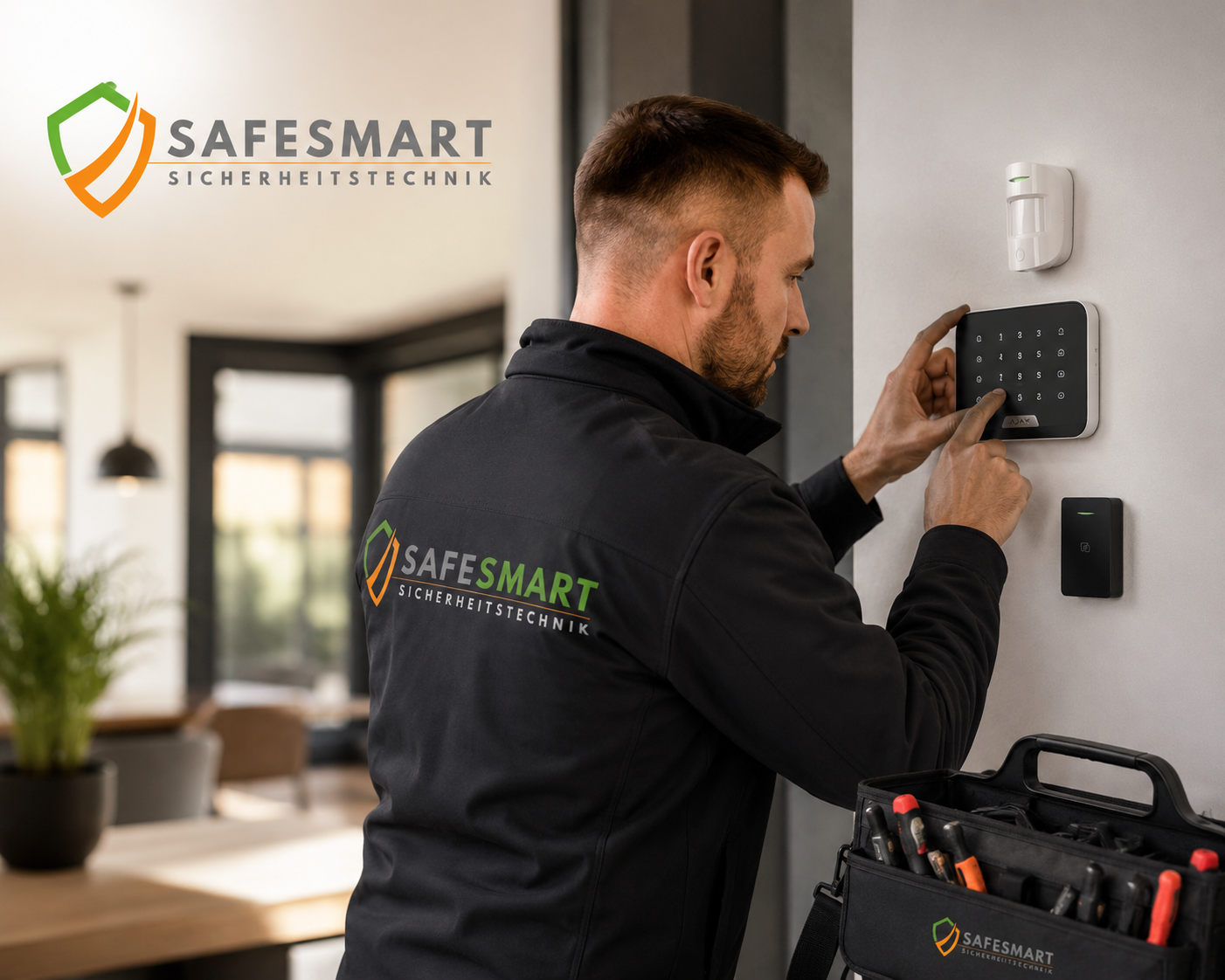 Safesmart-Techniker montiert ein Bedienteil in einem gewerblich genutzten Objekt