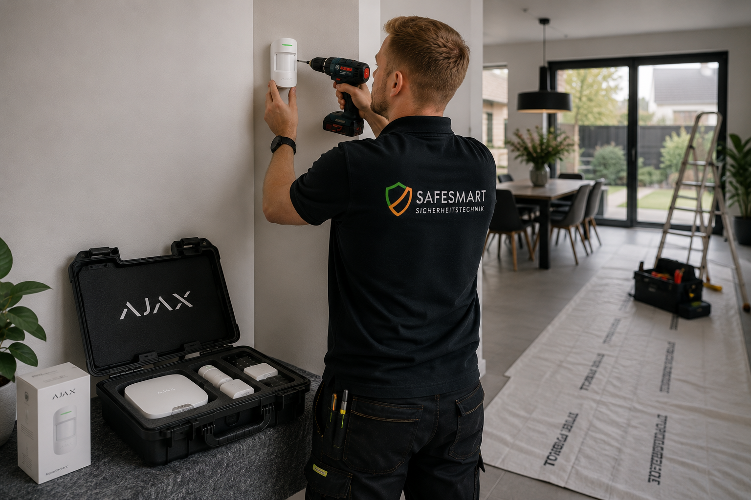 Safesmart Techniker installiert originale AJAX Alarmkomponenten in einem privaten Wohnhaus