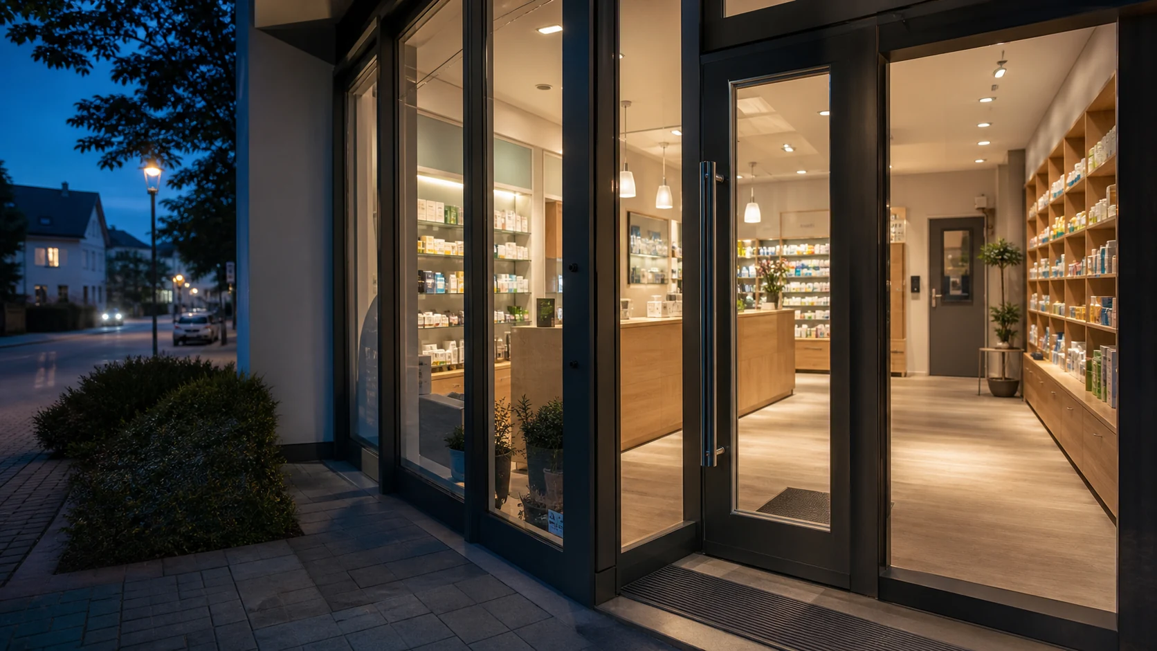 Öffnungs- und Schließabläufe einer Apotheke planen Illustrativer Eingang einer Apotheke am Abend mit Blick in den Verkaufsraum