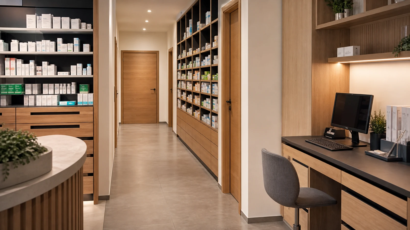 Warenlager und interne Apothekenbereiche einordnen Illustrativer Waren-, Lager- und Verwaltungsbereich einer Apotheke