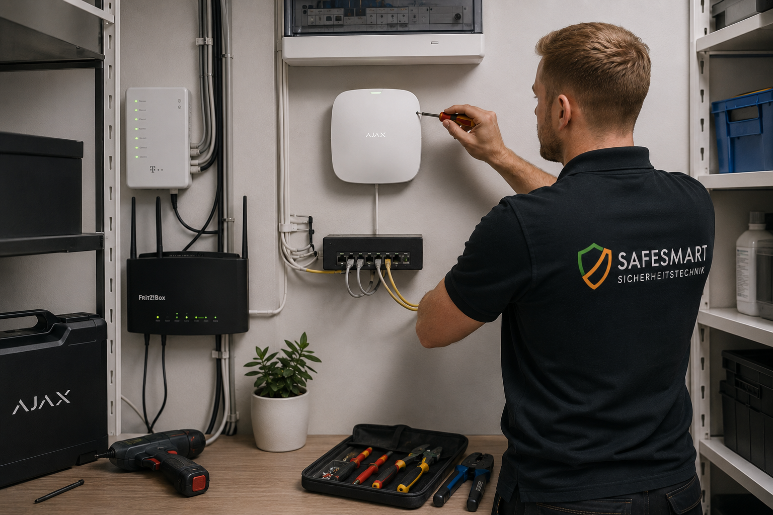 Safesmart-Techniker prüft eine Alarmanlagen-Zentrale und deren Komponenten
