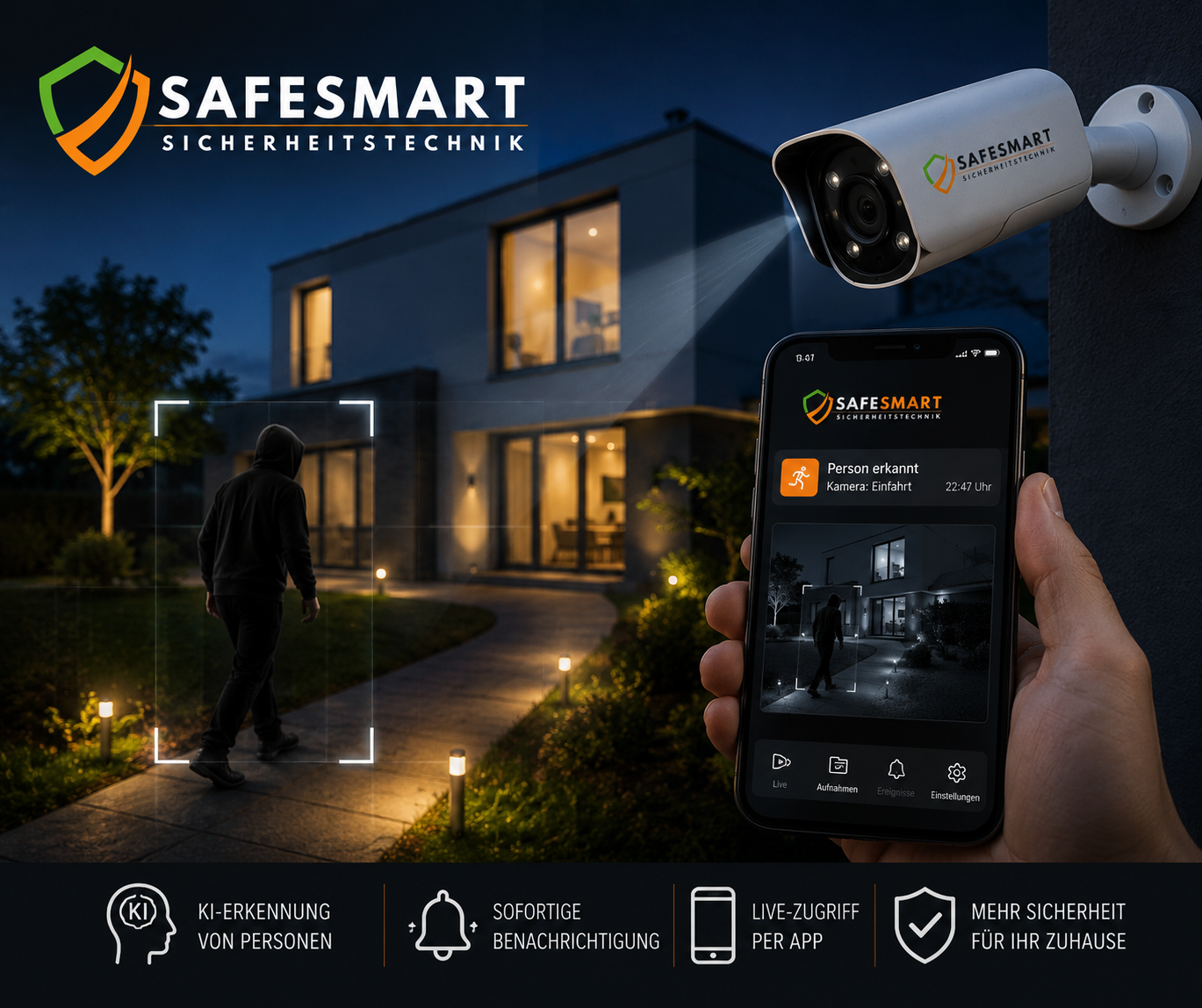 Wohnhaus bei Dunkelheit mit App-Darstellung als Beispiel für abgestimmten Einbruchschutz