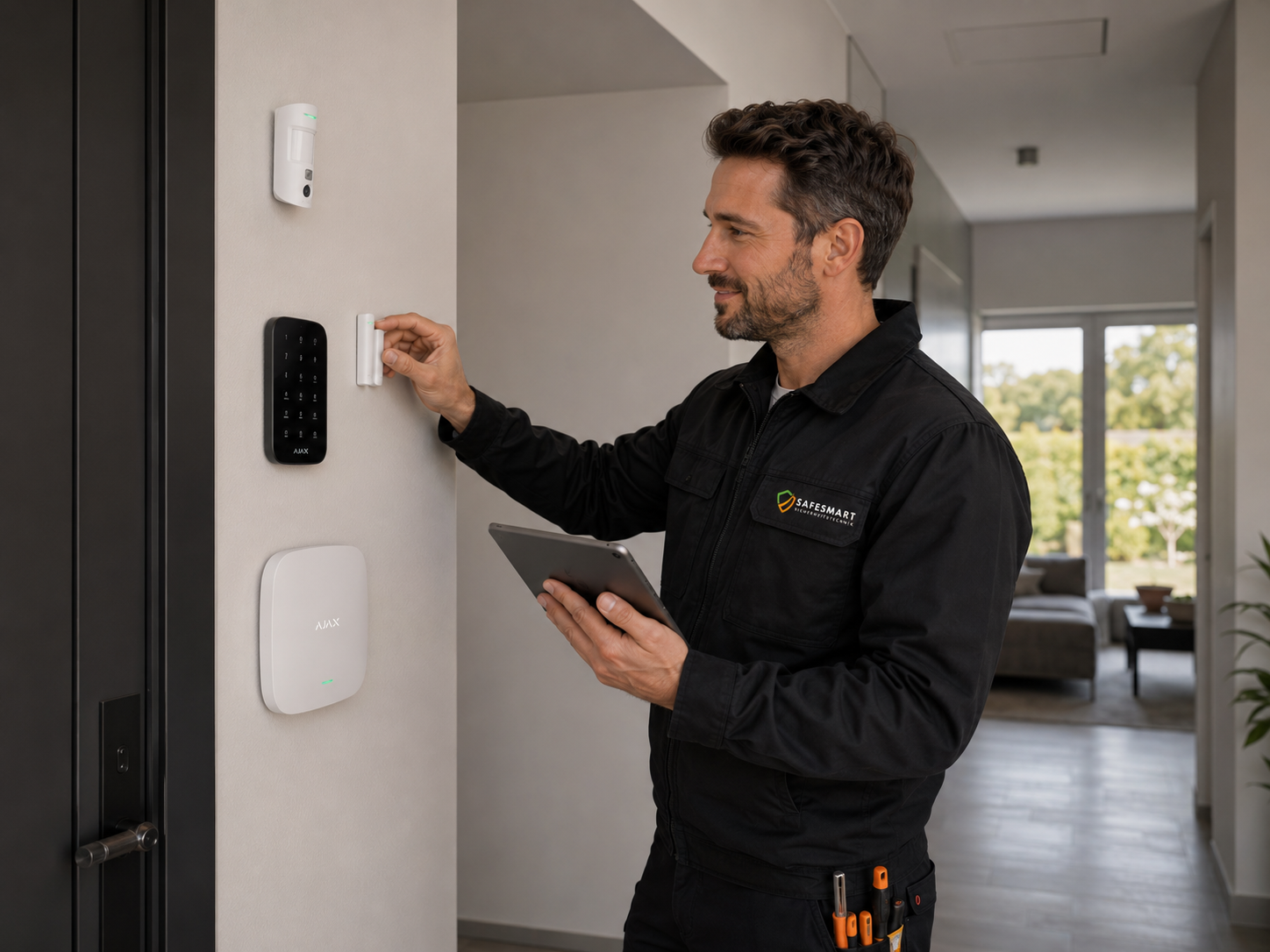 Safesmart Techniker installiert und erklärt eine Alarmanlage in einem privaten Wohnhaus