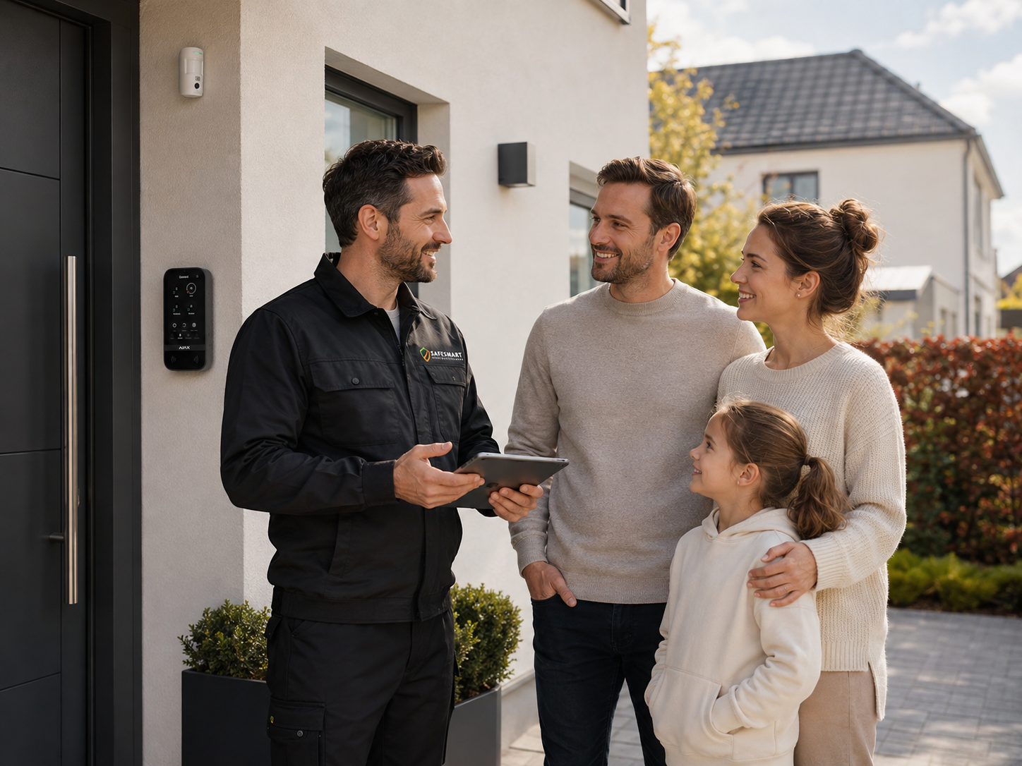 Safesmart-Fachberater bespricht den Einbruchschutz mit einer Familie am Wohnhaus