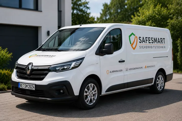 Weißes Safesmart Servicefahrzeug vor Ort