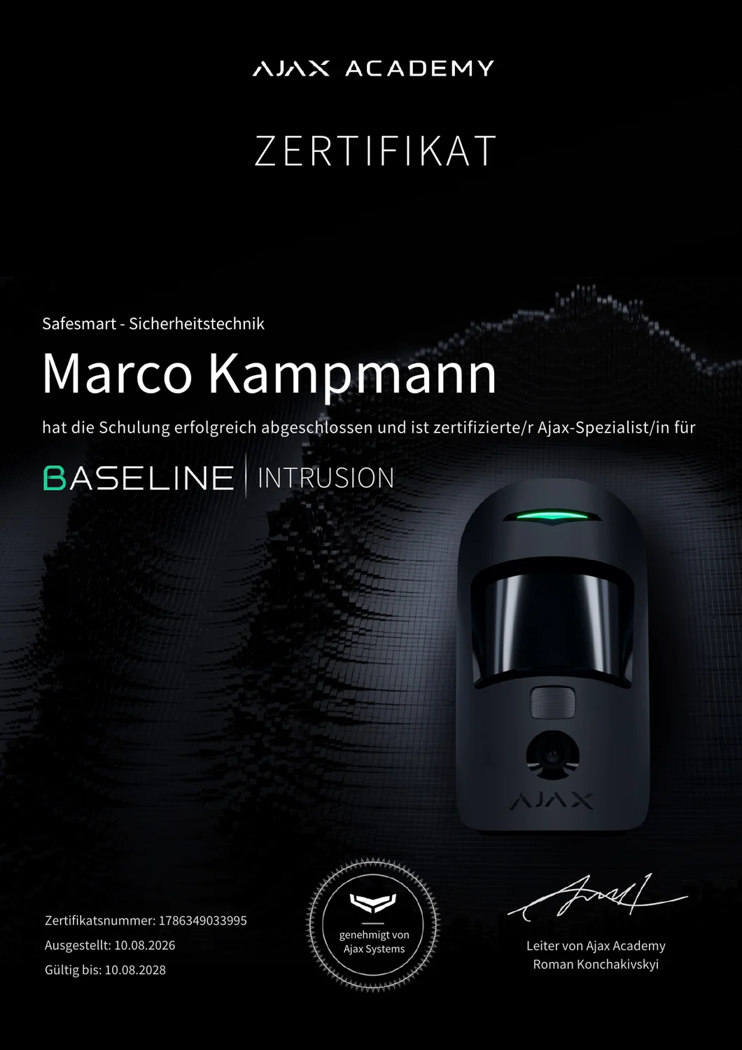 AJAX Academy Zertifikat Baseline Intrusion für Marco Kampmann