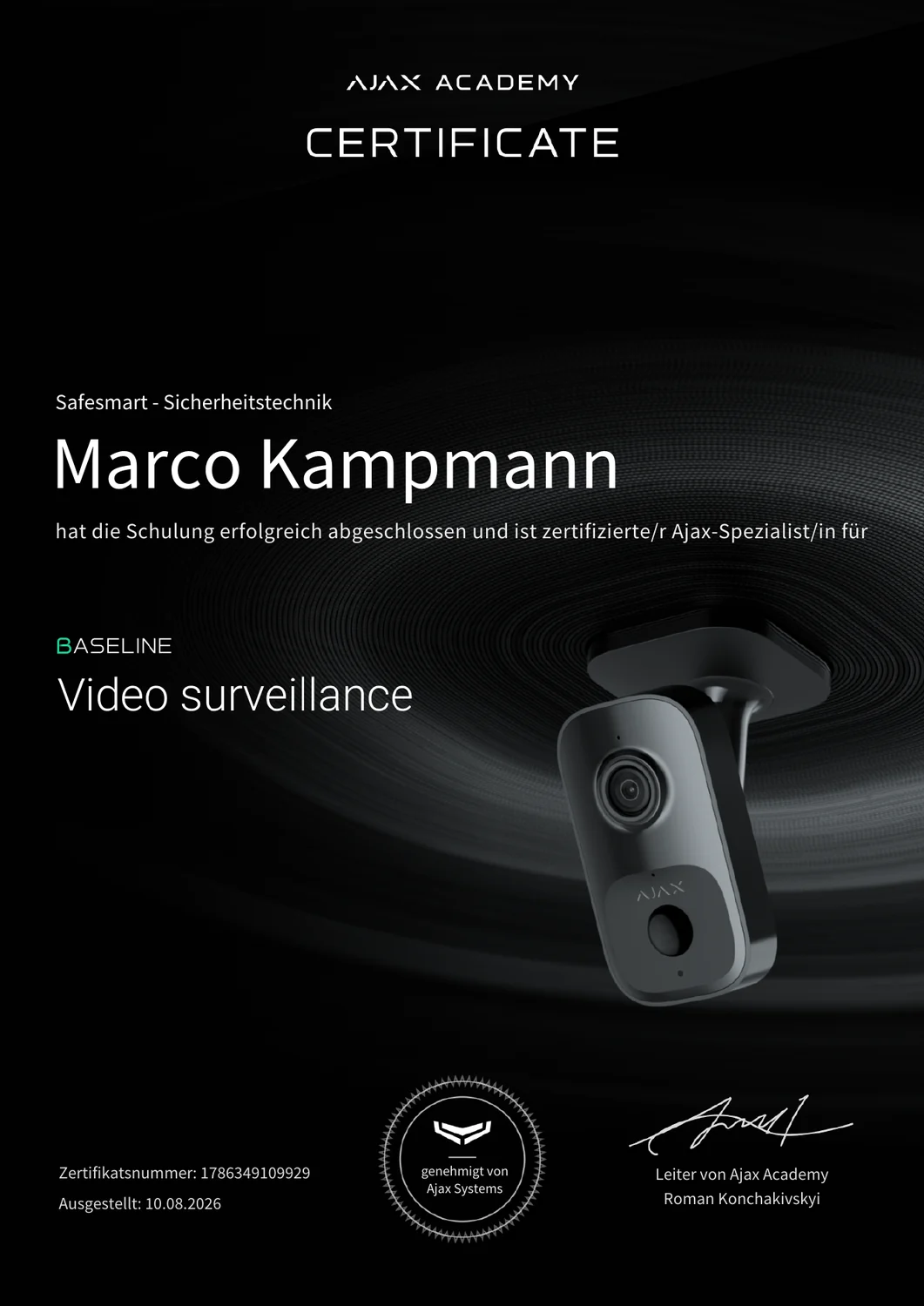 AJAX Academy Zertifikat Baseline Video Surveillance für Marco Kampmann