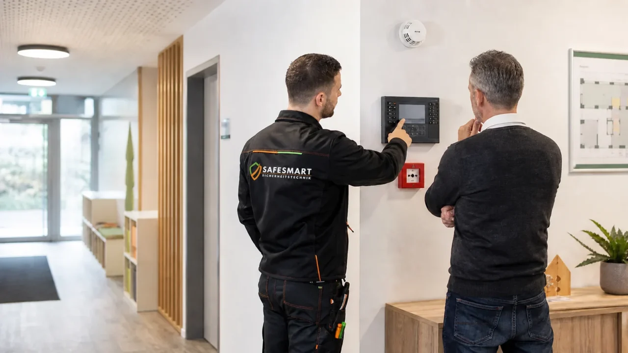 Safesmart-Techniker erläutert einem Kunden die Brandwarnanlage in einem Gewerbeobjekt