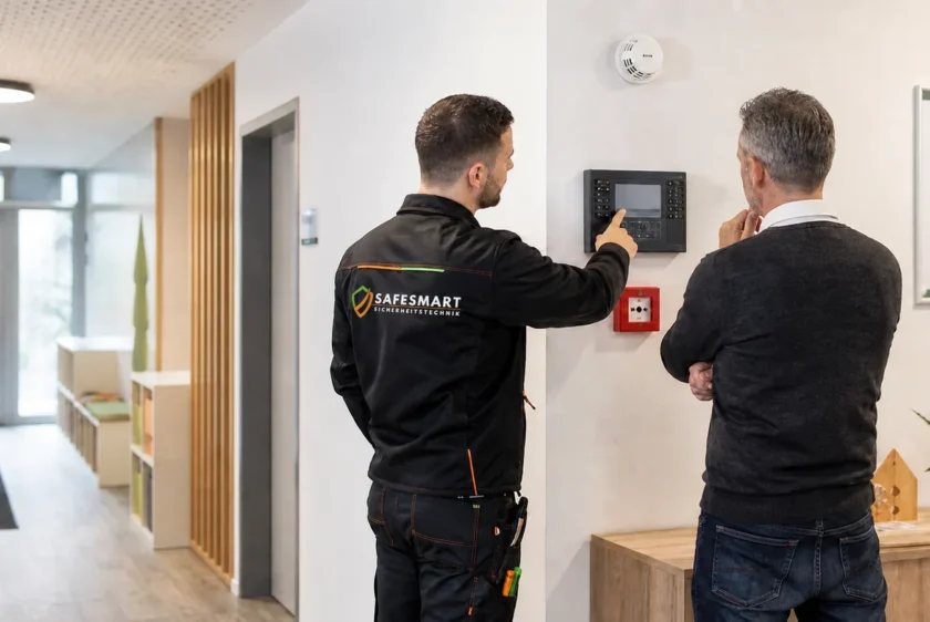 Safesmart-Techniker erläutert einem Kunden die Brandwarnanlage in einem Gewerbeobjekt
