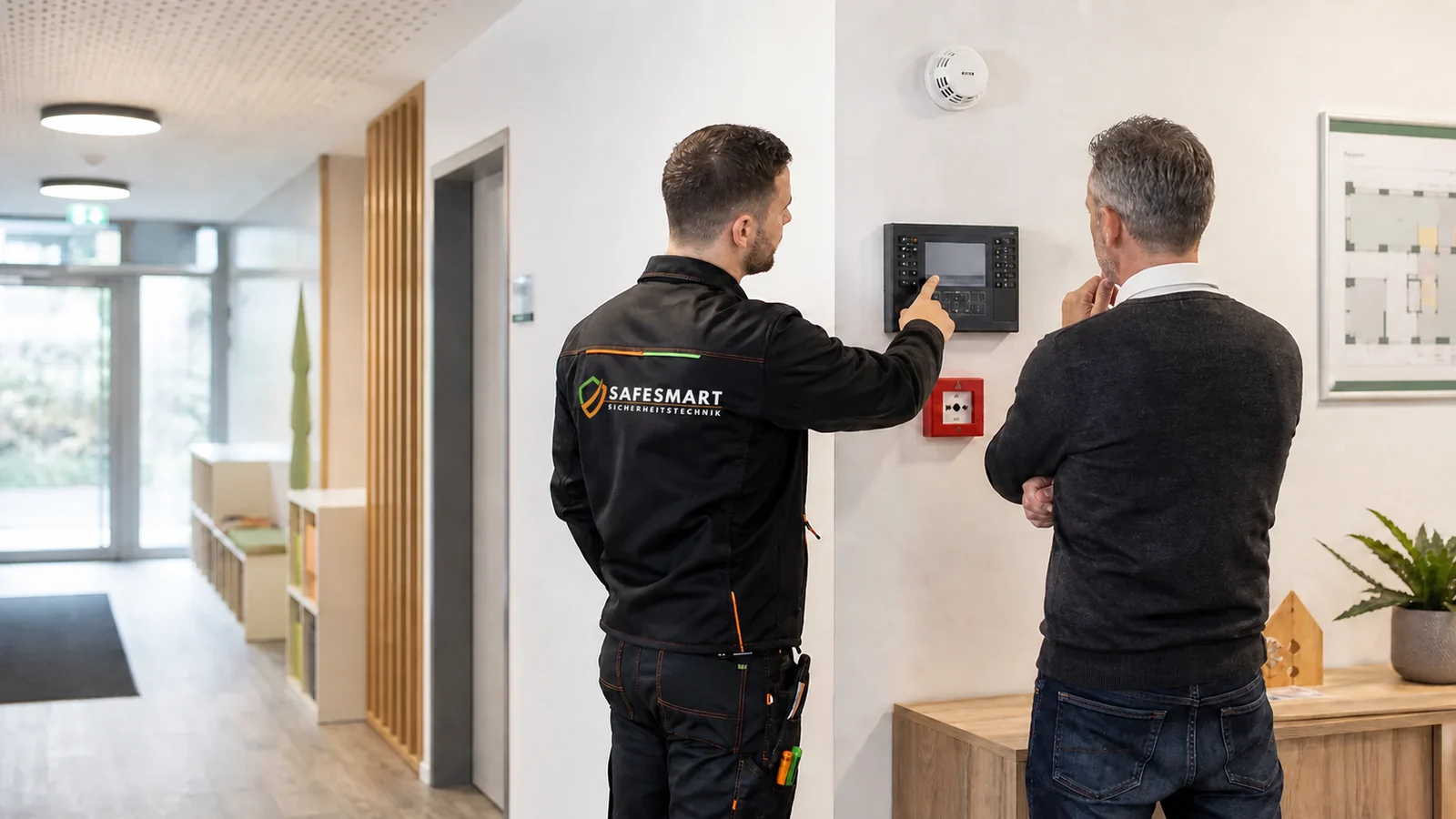 Safesmart-Techniker erläutert einem Kunden die Brandwarnanlage in einem Gewerbeobjekt