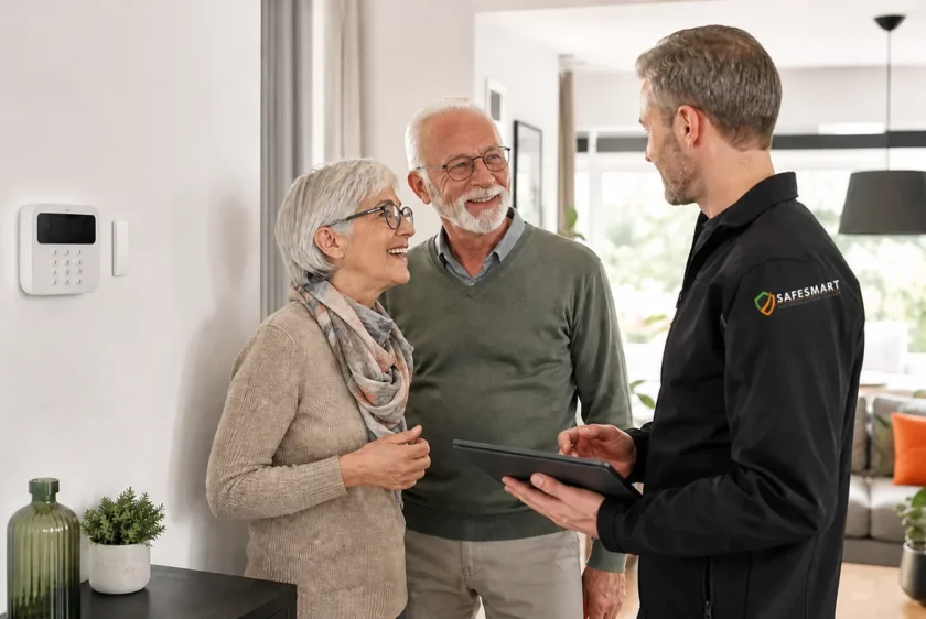 Safesmart-Fachberater bespricht mit einem Paar die Alarmanlage im Wohnhaus