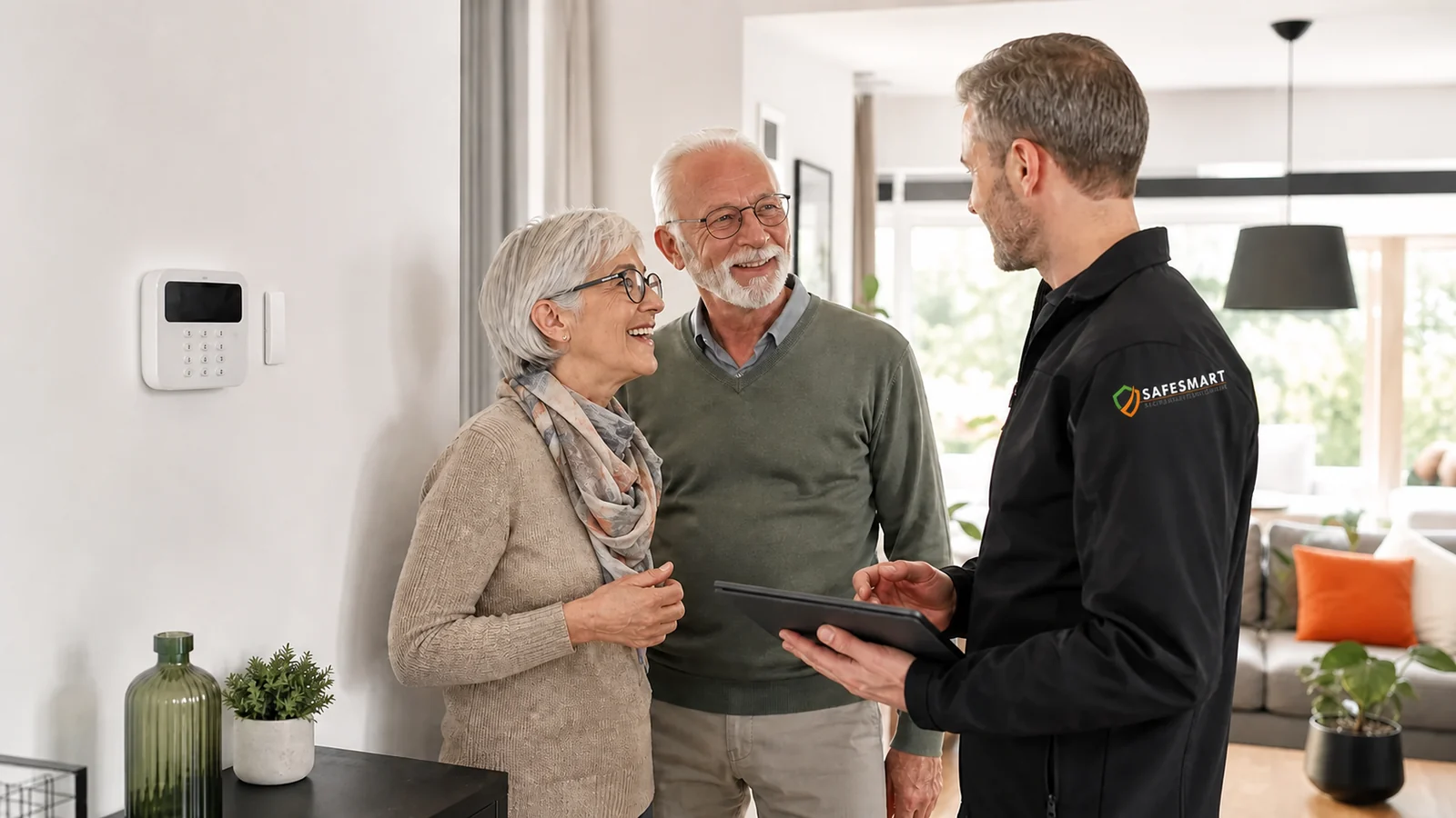 Safesmart-Fachberater bespricht mit einem Paar die Alarmanlage im Wohnhaus