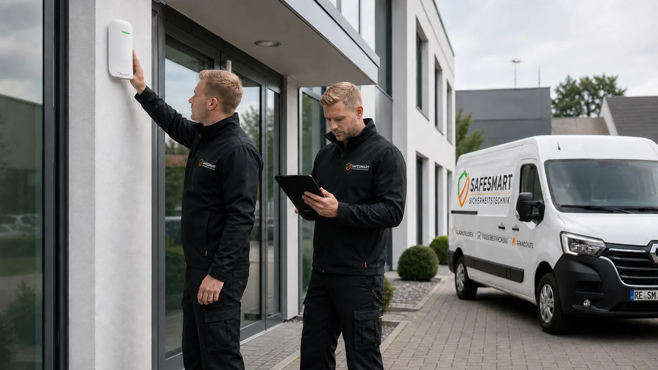 Safesmart Techniker am weißen Servicefahrzeug