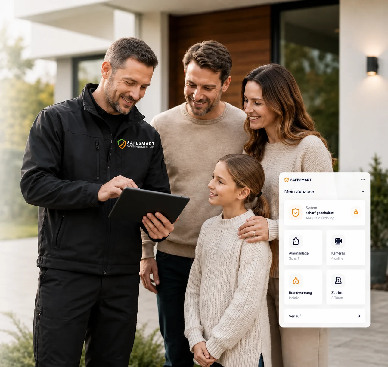 Safesmart-Fachberater bespricht die Sicherheitstechnik mit einer Familie