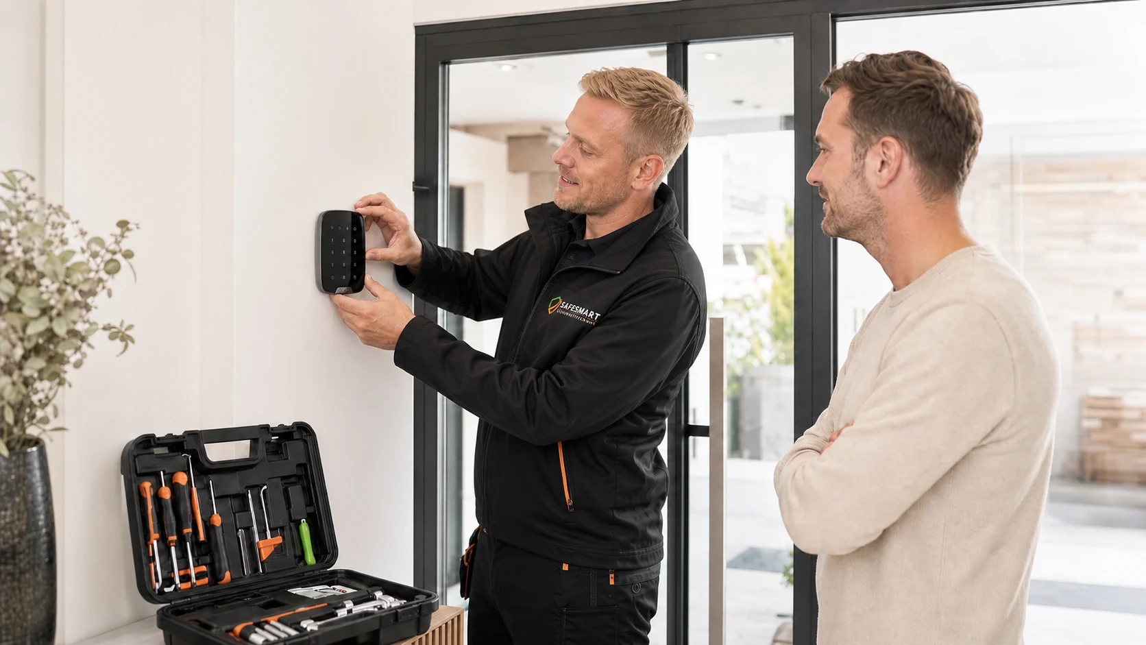 Blonder Safesmart-Techniker montiert ein AJAX Bedienteil und erklärt einem Kunden die Bedienung