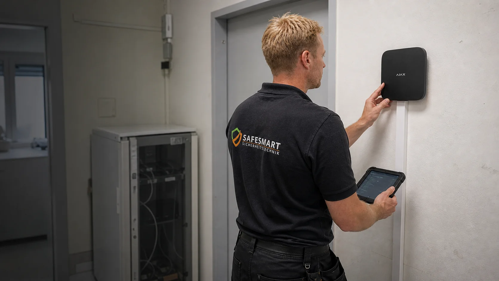 Safesmart-Techniker prüft die Inbetriebnahme einer AJAX-Superior-Alarmanlage