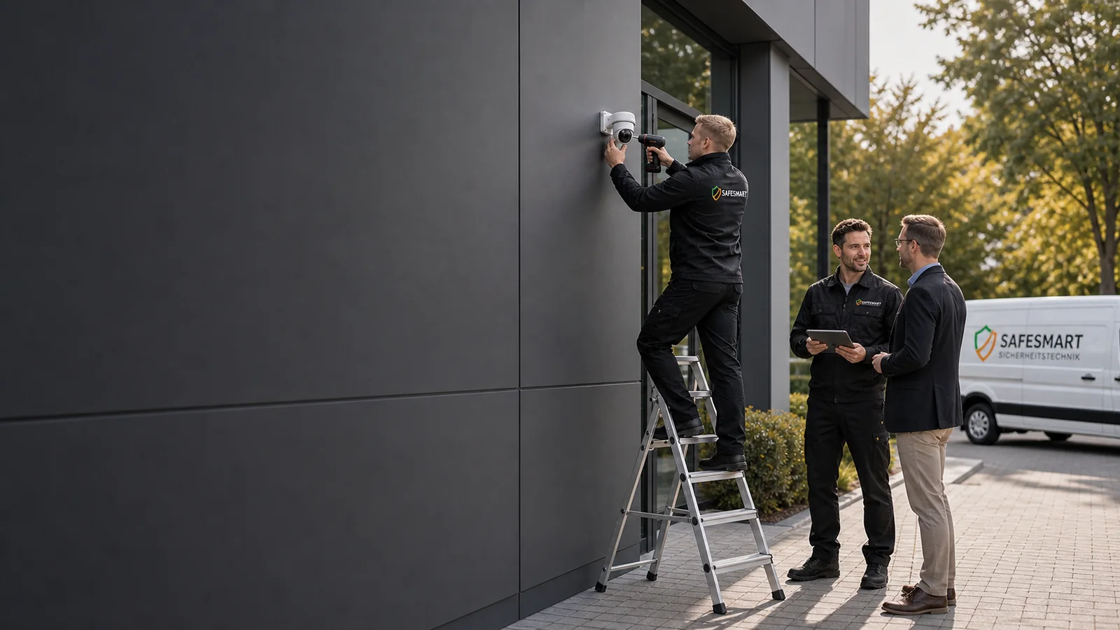 Safesmart-Techniker montieren und besprechen eine Videoüberwachung am Gewerbeobjekt