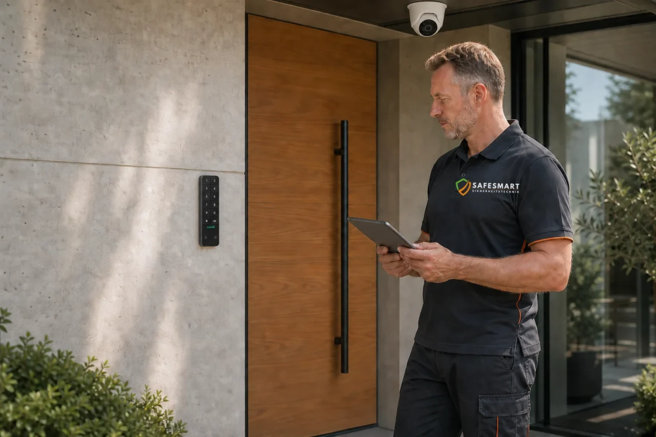 Safesmart-Techniker an einem modernen Hauseingang mit Kamera und Außenbedienteil; redaktionelles Motiv zum Systemcheck der Sicherheitstechnik