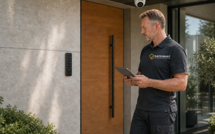 Safesmart-Techniker an einem modernen Hauseingang mit Kamera und Außenbedienteil; redaktionelles Motiv zum Systemcheck der Sicherheitstechnik