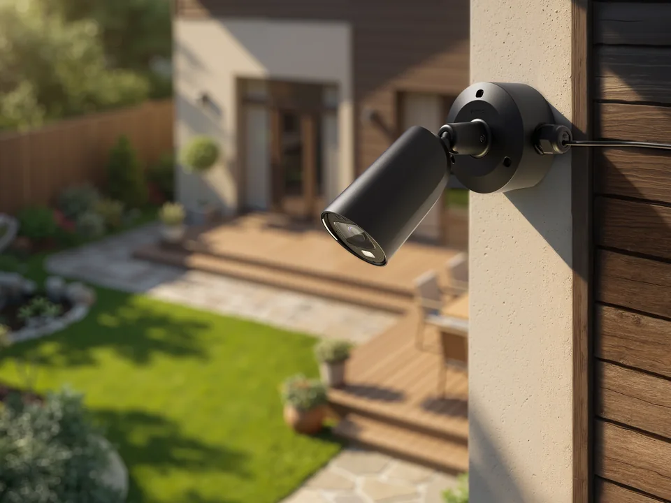 Originale AJAX Superior BulletCam an der Außenfassade eines Wohnhauses