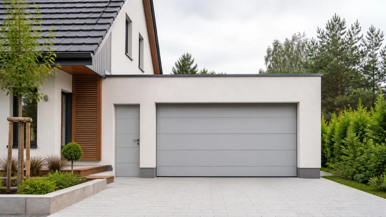 Illustrative Garage mit geschlossenem Tor und seitlichem Zugang an einem Wohnhaus