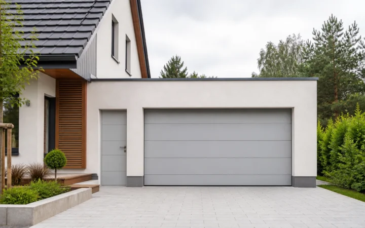 Alarmanlage für die Garage: Tor, Zugänge und Funk sinnvoll planen Illustrative Garage mit geschlossenem Tor und seitlichem Zugang an einem Wohnhaus