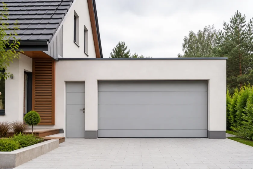 Illustrative Garage mit geschlossenem Tor und seitlichem Zugang an einem Wohnhaus