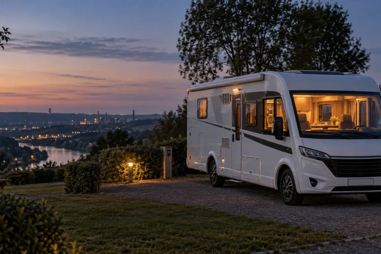 Modernes Reisemobil auf einem ruhigen Stellplatz am Abend