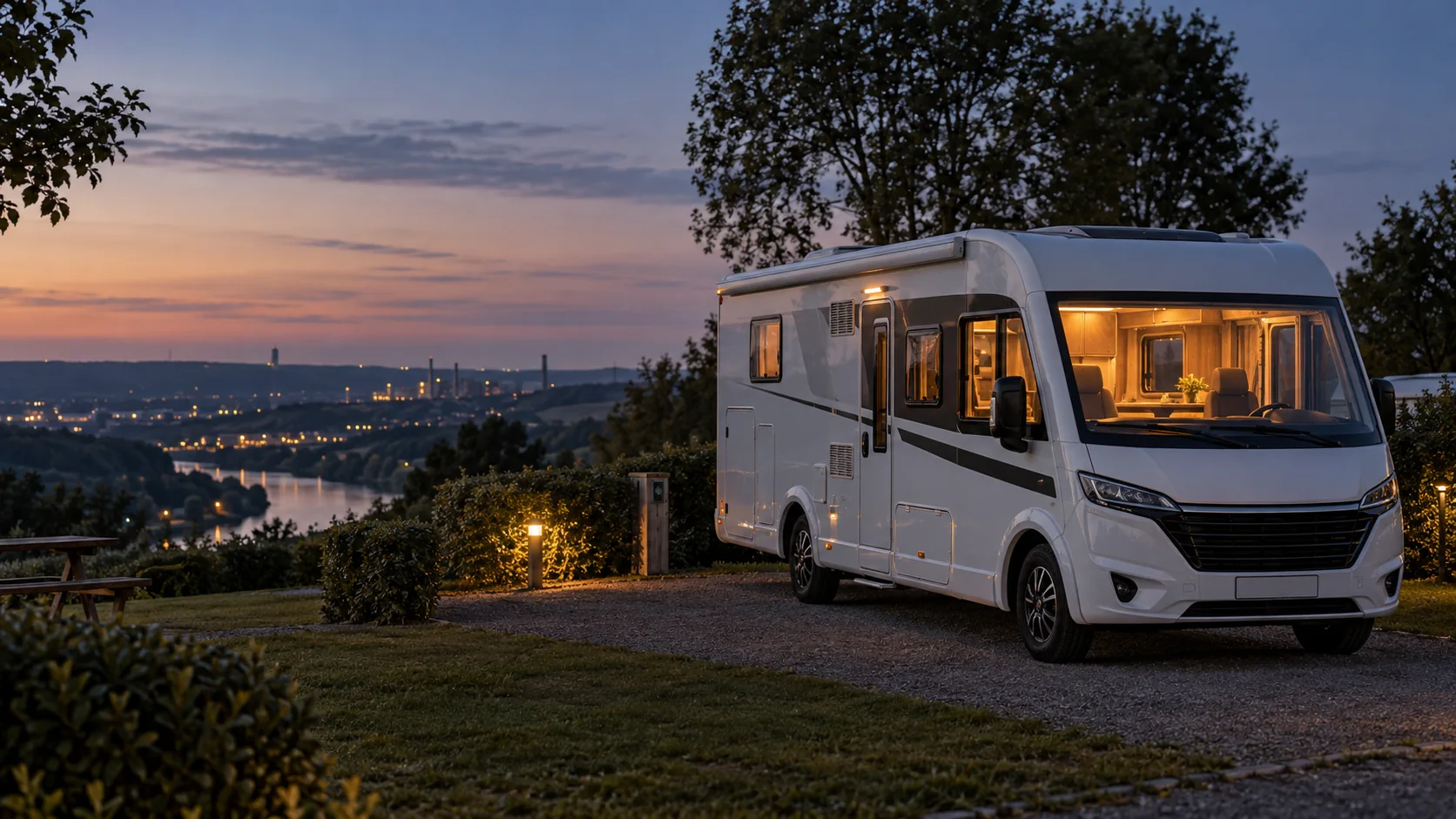 Modernes Reisemobil auf einem ruhigen Stellplatz am Abend