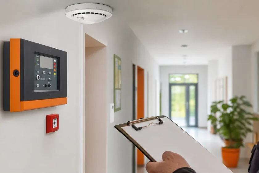 Illustrative Brandwarntechnik in einem hellen gewerblichen Gebäude