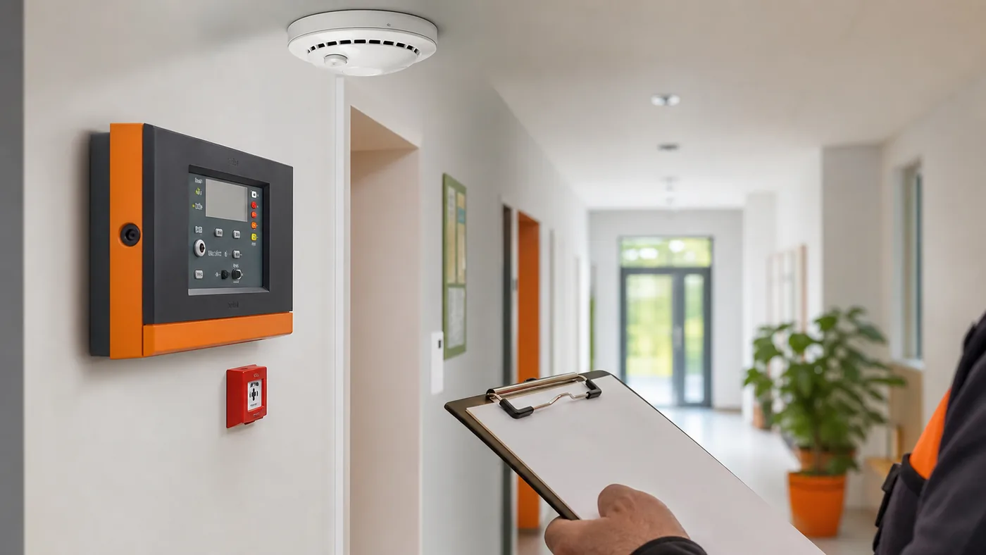 Illustrative Brandwarntechnik in einem hellen gewerblichen Gebäude