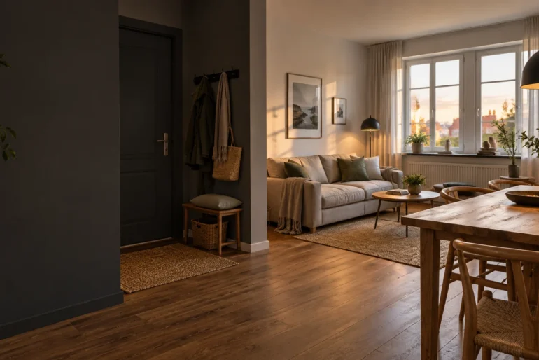 Wohn- und Essbereich einer Ferienwohnung mit geschlossener Eingangstür