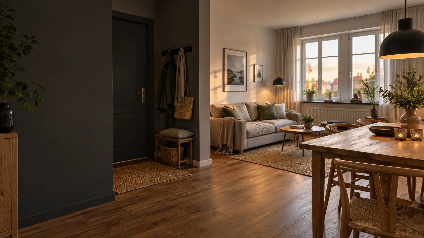 Wohn- und Essbereich einer Ferienwohnung mit geschlossener Eingangstür