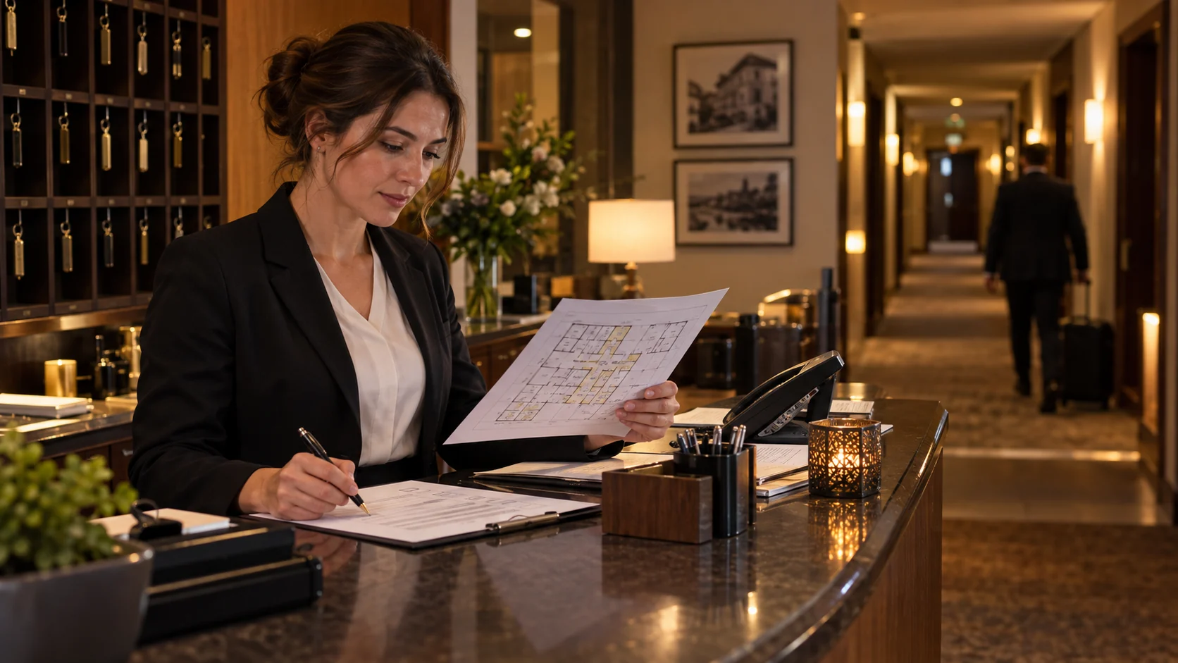 Hotelmitarbeiterin am Empfang bei der Prüfung eines Gebäudeplans im Nachtdienst