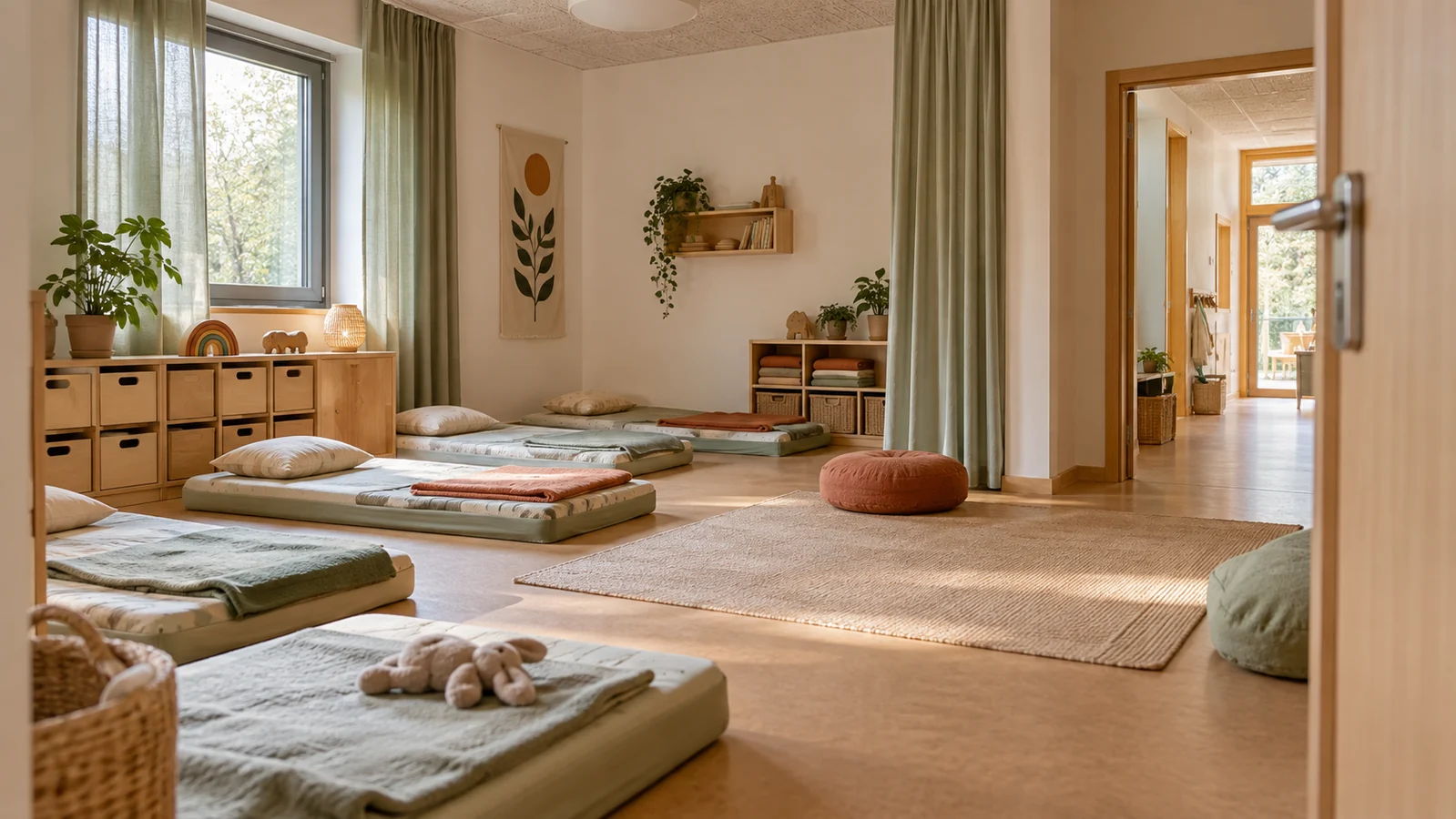 Ruheraum einer Kindertagesstätte mit Schlafmatten und freiem Weg zum Flur